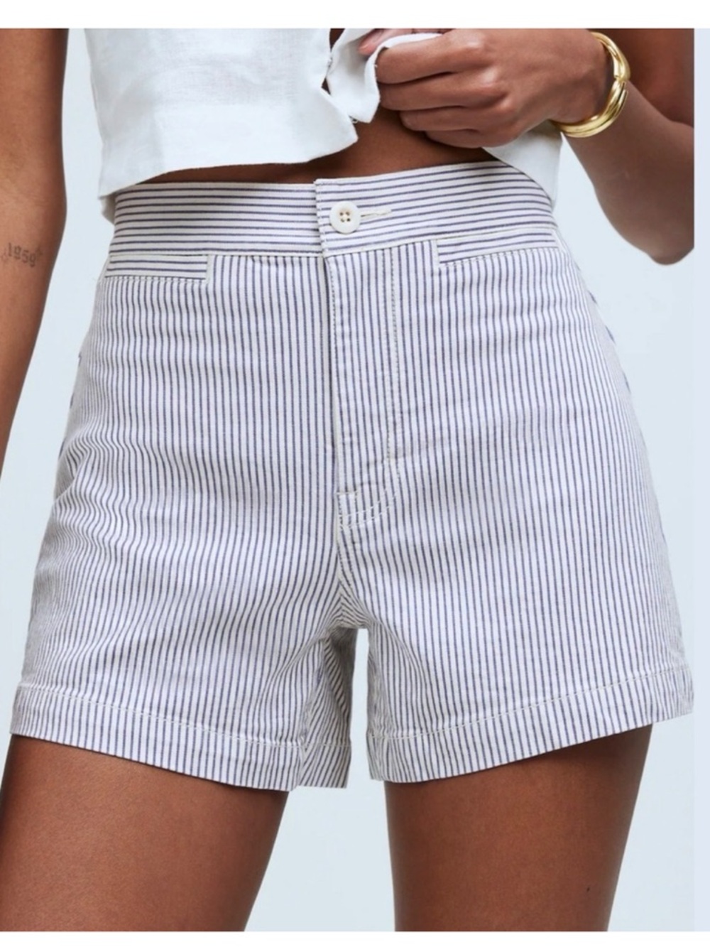 Madewell Blue White Striped High Waist Shorts The Emmett Short Welt Pocket NWT
